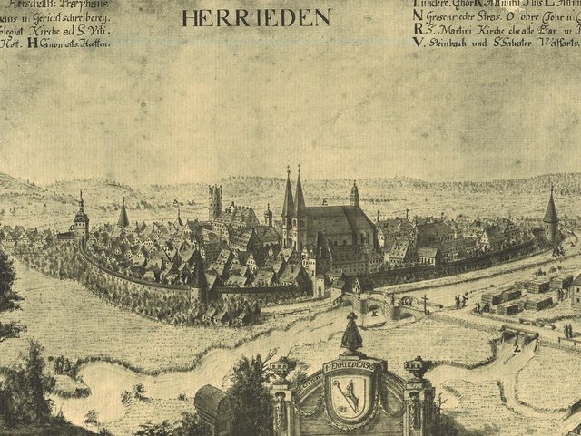 Die hohe Stadtmauer, mit dem mit vielen Schießscharten bestückten überdachten Wehrgang, schützt Bürger und Häuser. Links neben der Stiftskirche sind die Frauenkirche sowie das Stadtschloss mit Turm zu sehen (Ausschnitt Moritz Pedetti, 1762).