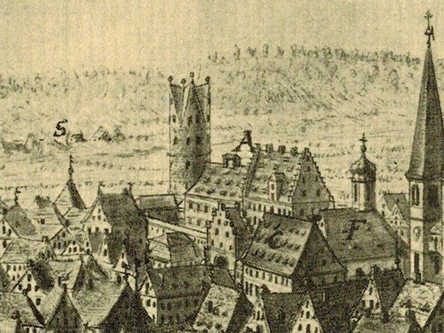 Das Stadtschloss ist prägend für das Stadtbild (rechts: linker Turm der Stiftskirche; Detail Moritz Pedetti, 1762).